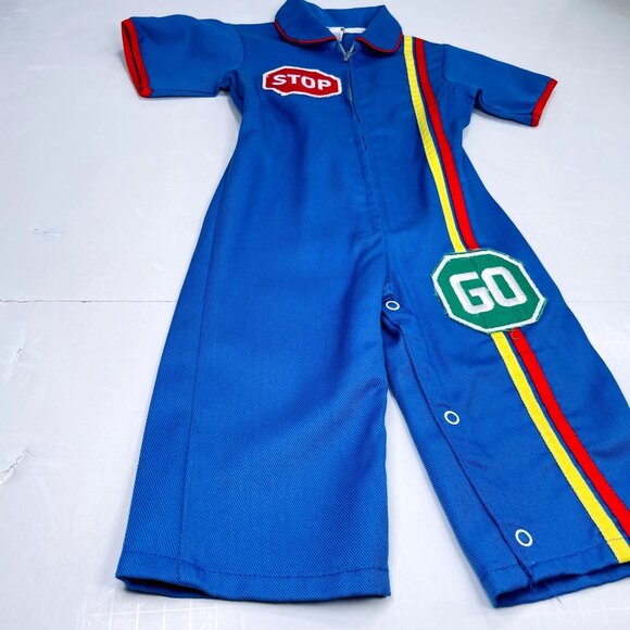 Vintage Montgomery Ward Color Block STOP GO Mechanic Longalls Romper Outfit 18m - Picture 3 of 13